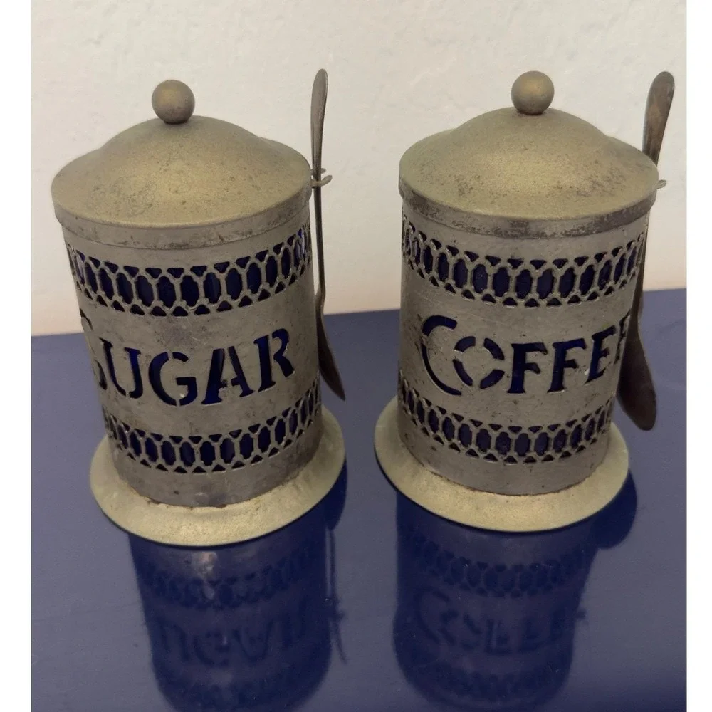 Vintage Savile Row Cobalt Blue Glass‎ Coffee Sugar Canister Set with Spoons